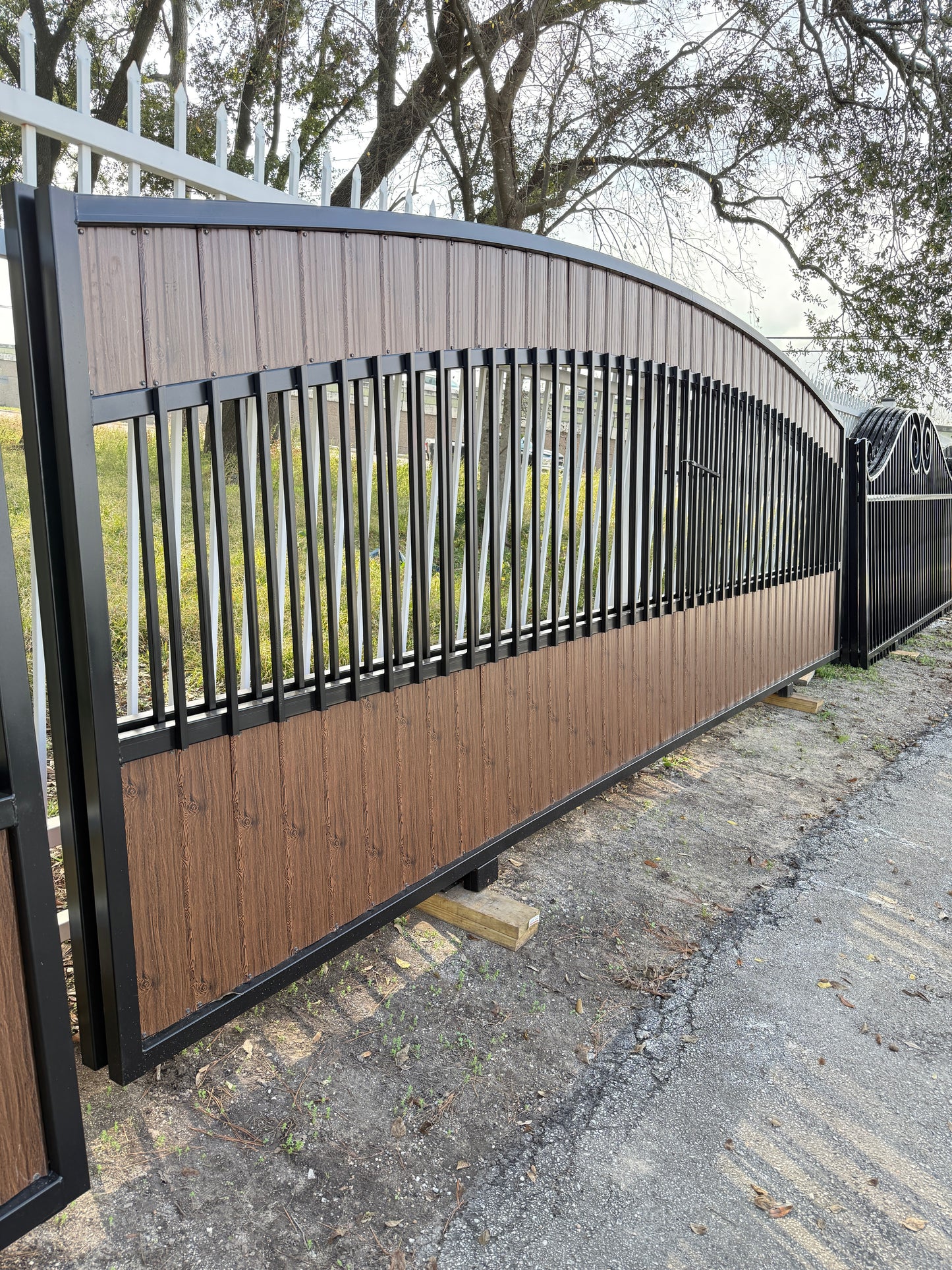 Premium Security Gate with Wood-Look Metal Pickets (20 ft. x 6 ft.)