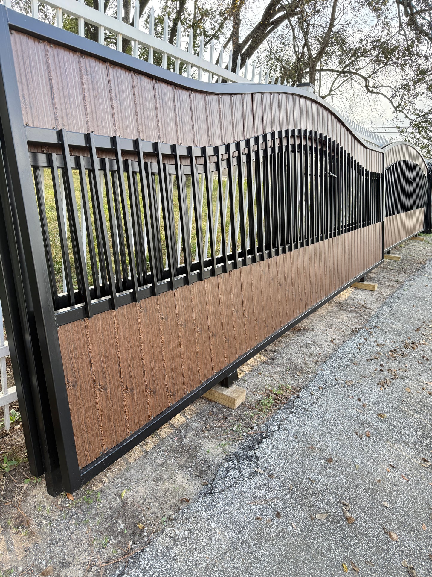 Premium Security Gate with Wood-Look Metal Pickets (20 ft. x 6 ft.)