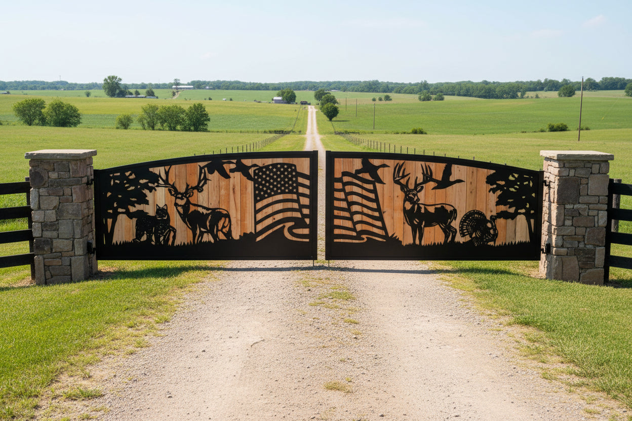 A large decorative folding screen or partition with a rustic wood plank background and black metal silhouettes of deer, a wolf, trees, an American flag, and birds. The screen is displayed in a showroom with a wood-look floor and ceiling tiles.