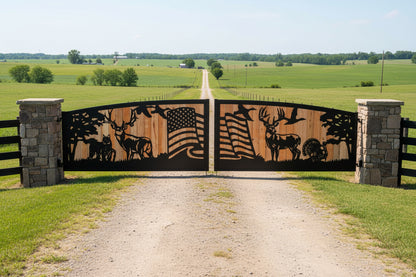 A large decorative folding screen or partition with a rustic wood plank background and black metal silhouettes of deer, a wolf, trees, an American flag, and birds. The screen is displayed in a showroom with a wood-look floor and ceiling tiles.